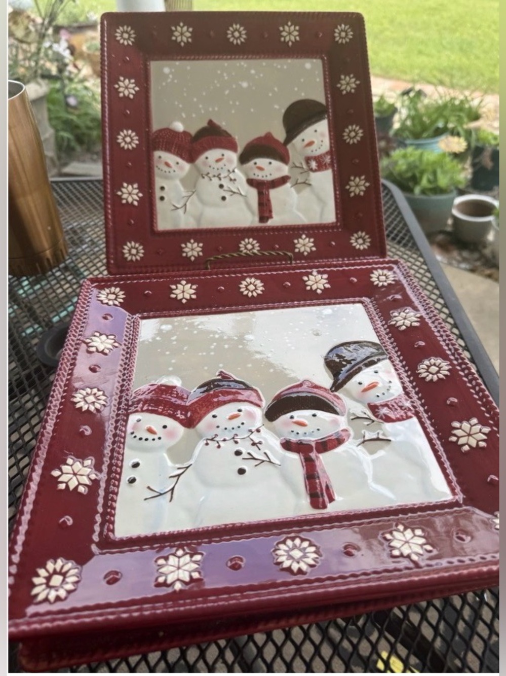 St Nicholas Square Warm Wishes FOUR Charger/Plates 11" Square Embossed Snowmen